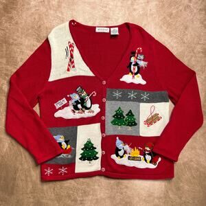 Vintage 90s White Stag Color Block Penguin Embroidered Holiday Cardigan Sweater